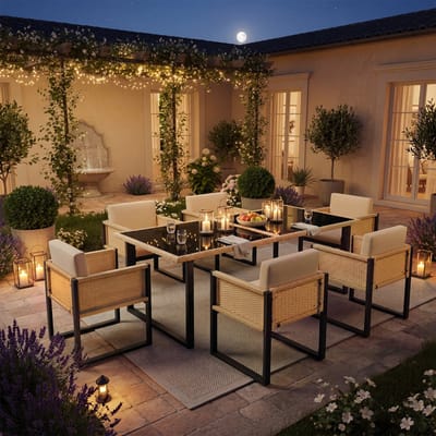 Poly Rattan Eettafelset 6 Personen - Tuinset met Glazen Tafelblad en 6 Armstoelen - Zwart Bruin - Weerbestendige Tuinmeubelen met Afneembare Hoezen
