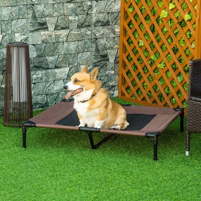 Wishdor Hondenbed - Verhoogd En Ademend - Voor Buiten - Metalen Frame En Netbekleding - Bruin - 92 X 76 X 18 Cm
