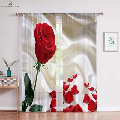 Romantische Rode Roos Bloemen Gordijnen, Retro Stijl, Slaapkamer, Woonkamer, Studeerkamer, Keuken, Aangepaste Huisdecoratie, 2 Stuks W50xH130(CM)x2PCS&Grommet Top gray