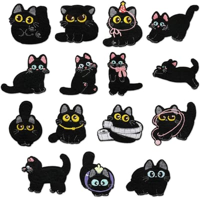 YAGXIG 15-delige strijkpatches - Set met geborduurde patches van een zwarte kat - Geborduurde patches - Hitte-activerende strijkpatches - Geschikt voor kleding - Leuk kattenpatroon - Decoratieve strijkpatches - Zwart