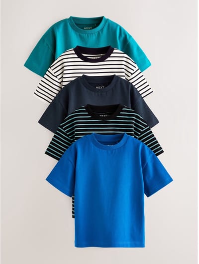 Next - Jongens - Set van 5 ruimvallende T-shirts met korte mouwen - Blauw