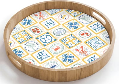Dienblad rond 40x40 cm - Schootdienblad hout - Tegels - Patroon - Zomer - Geel - Borrelplank rechthoek - Plateau houten dienbladen