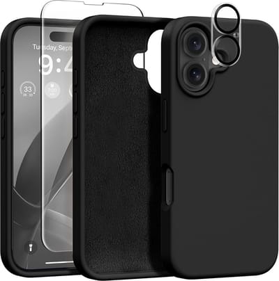 Stravo Siliconen Hoesje geschikt voor iPhone 16 Plus , Zwart, Met 1X Screenprotector + 1X Cameralensbeschermer, [Zachte Krasbestendige Microvezelvoering], Vloeibare Siliconen Schokbestendige Beschermende Telefoonhoes 6.7"