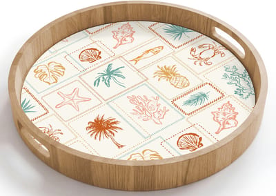 Dienblad rond 40x40 cm - Schootdienblad hout - Kust - Zee - krab - Palmboom - Borrelplank rechthoek - Plateau houten dienbladen