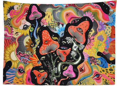 Ulticool - Paddestoel Oog Psychedelisch - Wandkleed - 200x150 cm - Groot wandtapijt - Poster - Rose Oranje Geel