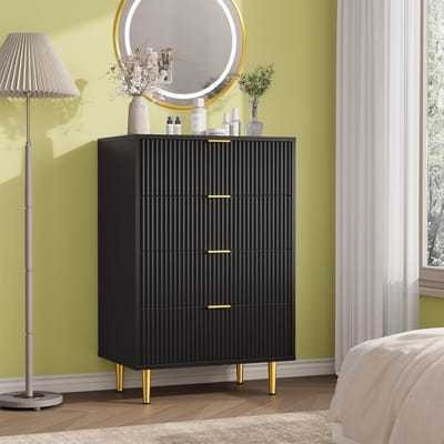 Ladekast met 4 Lades - Moderne Commode met Geribbelde Voorkant - Gouden Handgrepen & Metalen Poten - Slaapkamer en Woonkamer - 60x40x94 cm - Zwart
