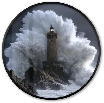 Poster in lijst Rond - Fotolijst 60x60 cm - Posters - Golf - Vuurtoren - Schuimend water - Ronde posterlijst zwart - Decoratie - Wanddecoratie woonkamer - Muurdecoratie slaapkamer