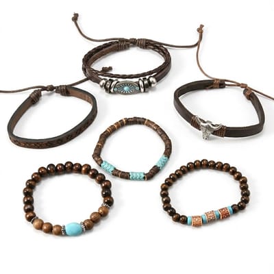 6-delige heren armbanden set bruin met kralen, leer en metalen stierenkopdetails