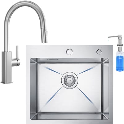 CECIPA max Spoelbak voor keuken 50x45CM - Enkele Spoelbak Met Uittrekbare Uitloop Keukenkraan en Zeepdispenser 300ML - Spoelbak Keuken RVS - Spoelbak Met Kraangat - Voor 50 cm Kast