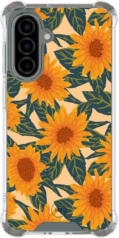 Hoesje (shockproof) geschikt voor Samsung Galaxy A56 - Zonnebloemen - Extra sterke case - TPU/polycarbonaat - Bloemen - Oranje, Transparant