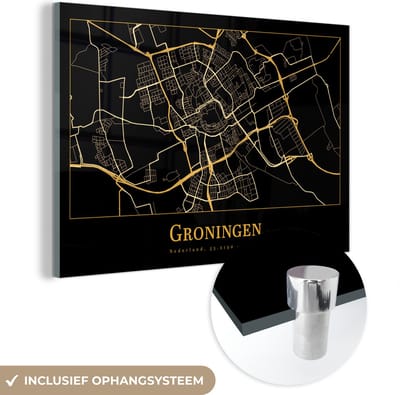 MuchoWow® Glasschilderij 60x40 cm - Schilderij acrylglas - Kaart - Groningen - Luxe - Goud - Zwart - Foto op glas - Schilderijen