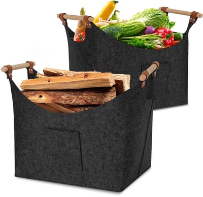2x Houten mand voor haardhout - Houtmand vilt - opvouwbare brandhoutmand - Haardhoutopslag voor boodschappen, hout, krant of brandhout - 3mm - Donkergrijs
