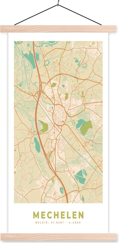 Posterhanger incl. Poster 60x120 cm - Schoolplaat - Kaart - Retro - Vintage - Mechelen - Plattegrond - Stadskaart - Textielposter - Blanke latten - Stadskaart