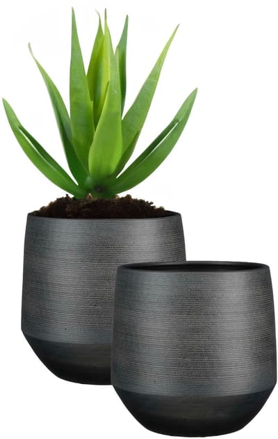 Mica Decorations Plantenpot/bloempot - 2x - terracotta - zwart - relief patroon - D37 x H34