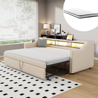 MODENUIT Slaapbank 90/180x190 cm – Uittrekbaar bed met ledverlichting en usb-aansluiting – 3 opbergvakken – Met matras – Beige