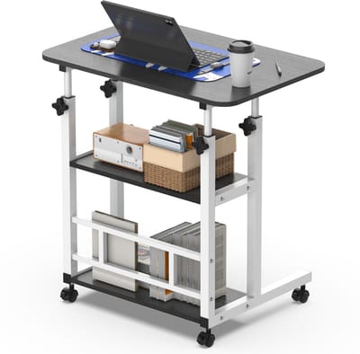 Soontrans - Verstelbaar Bureau - Twee Niveaus – Rolbaar Bureau Met Vergrendelbare Wielen - 60x40cm - Ruimtebesparende Mobiele Werkplek Voor Slaapkamers - In Hoogte Verstelbaar 56-82cm -Draagbaar Computerbureau - Opbergplanken – Zwart