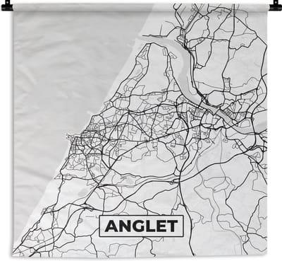Wandkleed - Wanddoek - Anglet - Kaart – Stadskaart – Frankrijk – Plattegrond - Zwart wit - 180x180 cm - Wandtapijt
