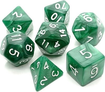 Polyset Dice | Dobbelstenen - Set Van 7 Stuks - Groen Marmer Parelmoer Wit | Voor D&D en Andere Rollenspellen | Plastic Dobbelstenen Set voor Dungeons and Dragons | Polyhedral Dice Set | Met Mooie Zwarte Velvet Dice Bag voor Ongeveer 3 Sets