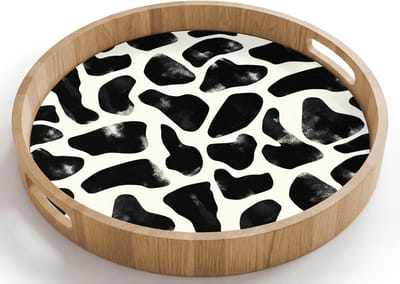 Dienblad rond 40x40 cm - Schootdienblad hout - Dierenpatroon - Vlekken - Zwart - Wit - Borrelplank rechthoek - Plateau houten dienbladen