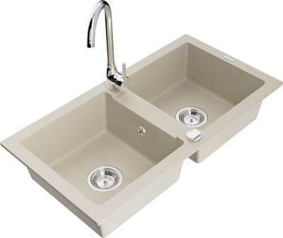 Mexen Mario granieten spoelbak met 2 kamers en Telma keukenmengkraan, beige - 6504-69-670200-00