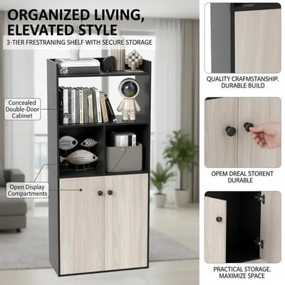 Dailygoods Boekenplank met dubbele deuren, 3-laags vrijstaande plank met open vakken, zwart