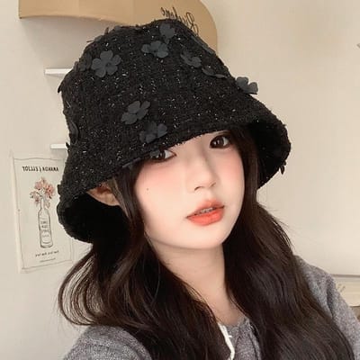 Kleine Geurige Stijl Schattige Bloem Vissershoed voor Dames In Herfst en Winter Winddicht Gezicht Kleine Pot Hoed Koreaanse Veelzijdige Zoete Bucket Hat average size black