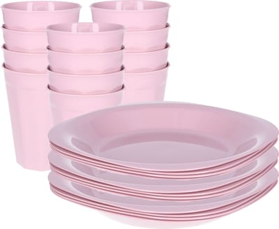 Plasticforte Verjaardag/kinder/camping borden/beker set - 24x stuks - lichtroze - kunststof - onbreekbaar