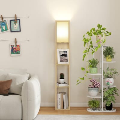 Puluomis - Vloerlamp - Staande lamp - Vloerlampen Woonkamer - Stalamp - Staande lampen woonkamer - Modern - 3-laags opbergrek - 160H x 26L x 26B cm - Houtnerf