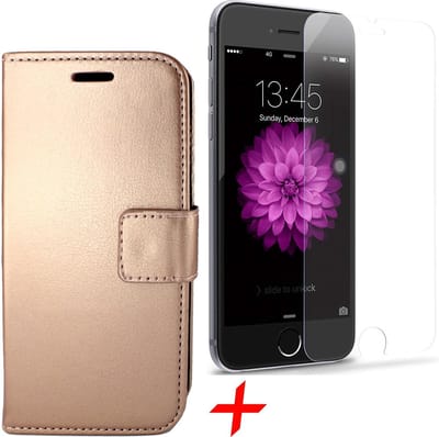 Hoesje geschikt voor Apple iPhone 7 Plus / 8 Plus - Kunstlederen Siliconen TPU Bookcase + Screenprotector Tempered Glass - Rose Goud - van iCall