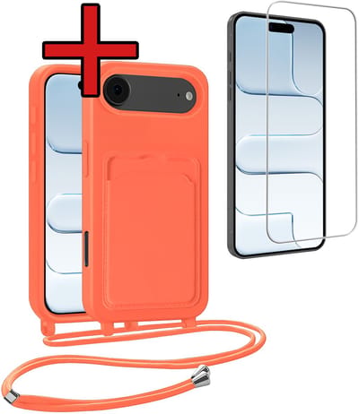 Hoesje Geschikt voor iPhone Air Hoesje Met Telefoonkoord en Pasjeshouder Met Screenprotector Siliconen - Hoes Geschikt voor iPhone Air Hoesje Met Kaarthouder Case - Papaya