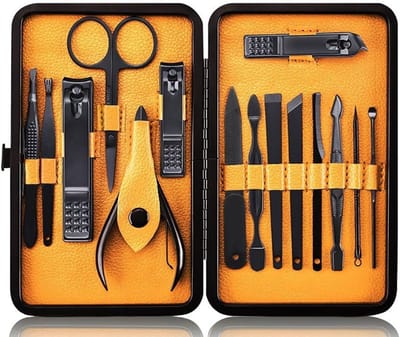 Manicureset Nagelset Nagelknipper set Professioneel - Roestvrijstalen pedicureset Nagelverzorgingsset van 15 stuks met koffer voor reizen (zwart/geel)