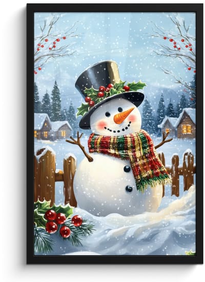 Poster in lijst - Fotolijst 40x60 cm - Posters - Sneeuwpop - Winterdorp - Kleurrijk - Posterlijst zwart - Decoratie - Wanddecoratie woonkamer - Muurdecoratie slaapkamer
