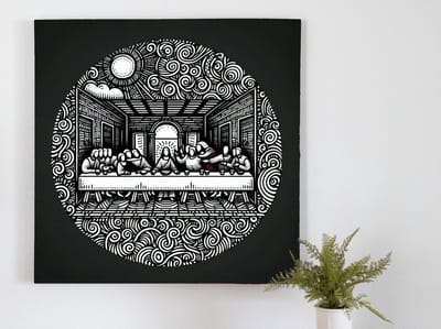 Doodle laatste avondmaal schilderij | Doodled Laatste Avondmaal: Een Artistieke Uitbeelding van Verbinding en Passie | Kunst - 20x20 centimeter op Dibond | Foto op Dibond