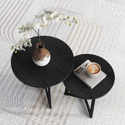 Merax Set Van 2 Ronde Bijzettafels - Salontafels Zwart Staal En MDF - Stapelbaar Modern Design - Woonkamer Koffietafels