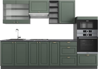 Vicco Fame-Line Complete keukeneenheid – 280 cm, WB Antraciet Groen-Goud Landhuis/Antraciet