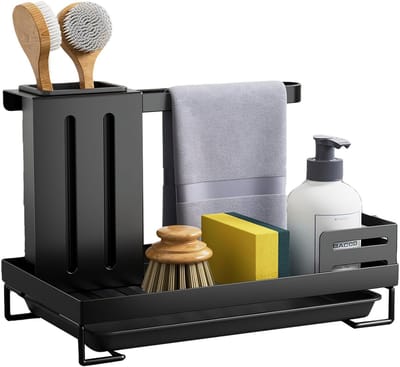 Keuken Handdoek Afdruip- en Opbergrek – Zwart Koolstofstaal – Aanrecht Organizer met Bekerhouder – Upgrade Model