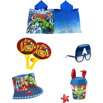 Avengers strandset; tennisset, zonnebril, vissershoedje en poncho