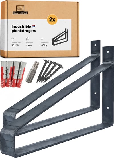 GoudmetHout Industriële Plankdragers XL 40 cm - Staal - Zonder Coating - 4 cm x 40 cm x 25 cm - Plankendrager