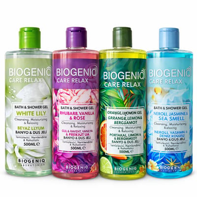 Biogeniq Care Relax Bad & Douchegel Voordeelset 4 x 500 ml – White Lily, Rhubarb Vanilla & Rose, Orange Lemon & Bergamot, Neroli Jasmine & Sea Salt – Hydraterende Douchegel Set