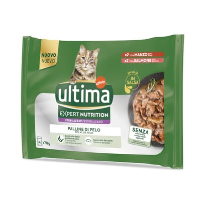 Ultima Cat Expert Nutrition Haarbal Rund & Zalm - Voordeelpakket: 44 x 70 g