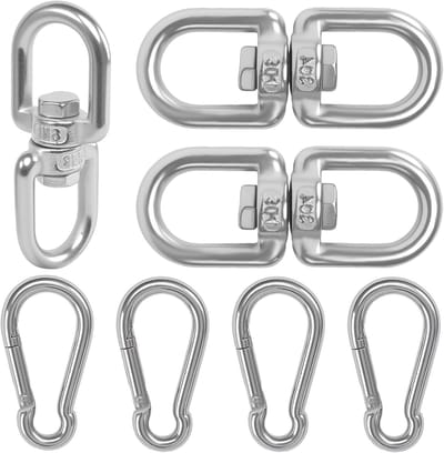 Aerial Silks Set met 2 M8 Draai Mechanismen en 4 Grote RVS Karabijnhaken voor Hangstoelen, Zwenkmechanisme, Swing en Tuin Gebruik