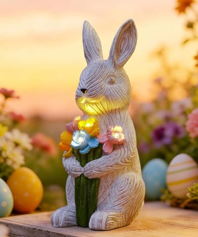 Konijn Tuinbeeld met Solar Verlichting - Decoratieve Paashaas met Bloemen - Tuindecoratie op Zonne-energie - LED Verlichting - Weerbestendig - Buiten & Binnen - Cadeau voor Vrouwen & Mama - Verjaardagscadeau - Grappig Konijn - Solar Lamp