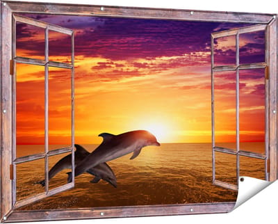 Gards Tuinposter Doorkijk Twee Dolfijnen bij de Zonsondergang - 150x100 cm - Tuindoek - Tuindecoratie - Wanddecoratie buiten - Tuinschilderij