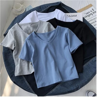 T-shirt Court uni à manches courtes et col en V ajusté pour l'été des femmes, Haut fin à taille haute pour femme L bleu