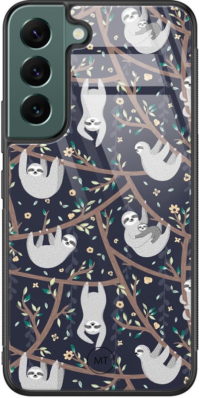 Hoesje geschikt voor Samsung Galaxy S22 - Luiaard print - Hard Case Zwart Back Cover - Print - Blauw - Mooie Telefoonhoesjes