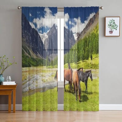 Berglandschap met grazende paarden Chiffon-transparante gordijnen voor woonkamer Slaapkamer Raamgordijn Voiles Tule Cortinas 135W x 114H(cm) black