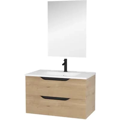 Aurlane Badmeubelset Lucas 80cm - Houtlook - Met Spiegel En Wastafel - Met 2 Lades - Met Witte Wastafel