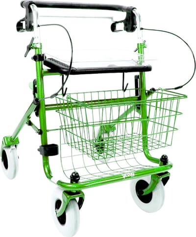 Rollator 43 cm zitbreedte - Premis Provo - Tot 120 kg - In hoogte verstelbaar - Duwstang met beugel-loop-rem onder - Incl mand, stokhouder en dienblad - Metallic Appelgroen