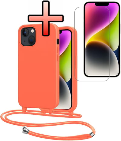 Hoes Geschikt voor iPhone 13 Mini Met Telefoonkoord Met Screenprotector - Siliconen Hoesje Backcover Met Ketting - Papaya