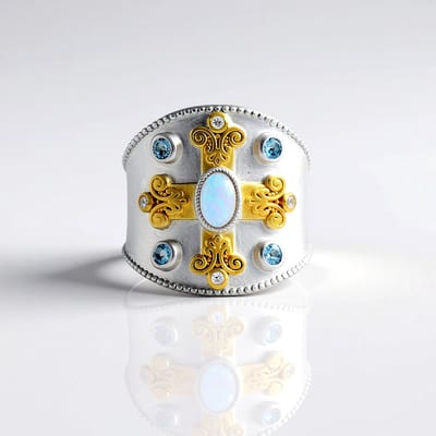 Cavill - Zilveren ring 925 sterling met AAA Welo-opaal ovaal cabochon 0,27 ct - Blauwe topaas & zirkonen - Elegante damesring